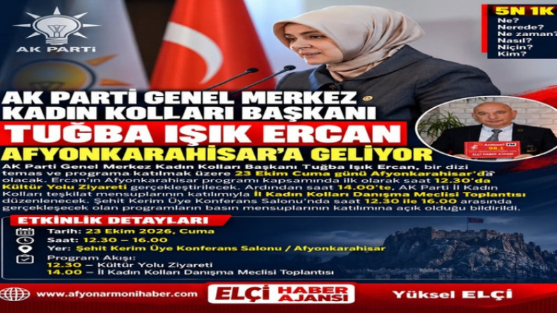 AK Parti Kadın Kolları Başkanı Tuğba Işık Ercan Afyon'a Geliyor
